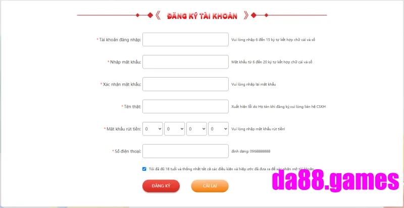 Điều đầy đủ các thông tin để đăng ký DA88