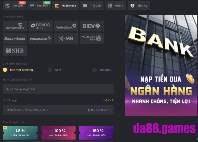 Các bước nạp tiền DA88 mới nhất